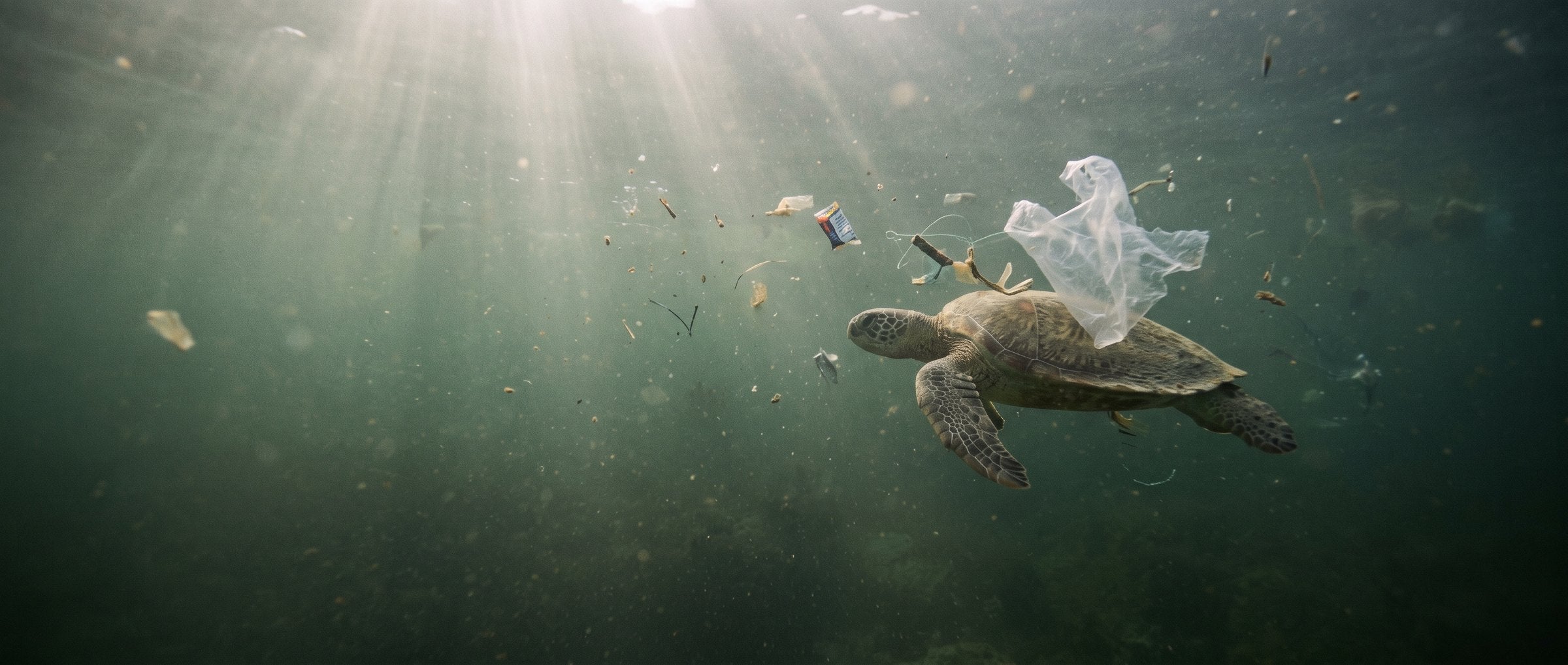A sea turtle swimming through water littered with plastic