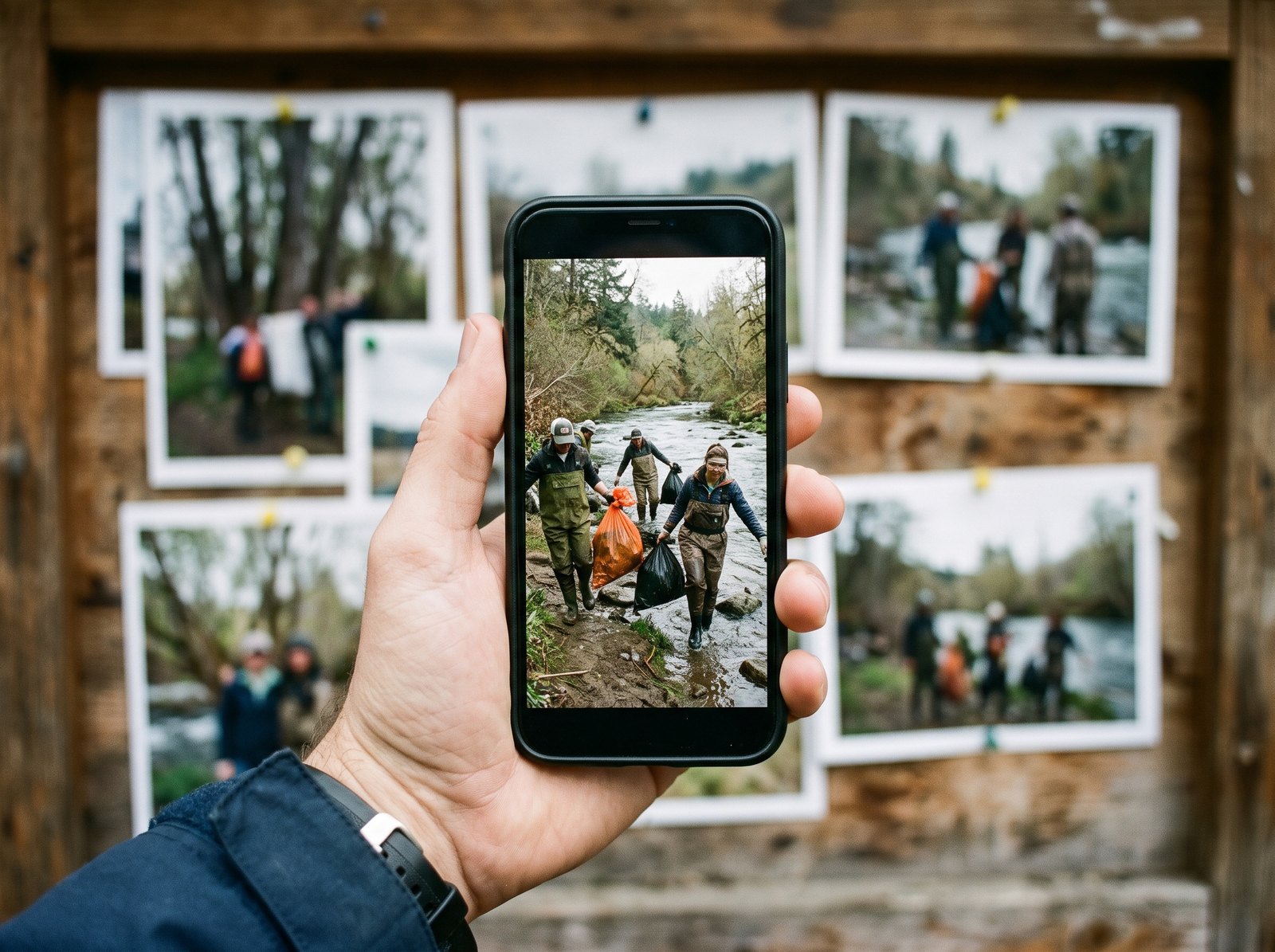 A phone showing volunteers hauling litter from a river