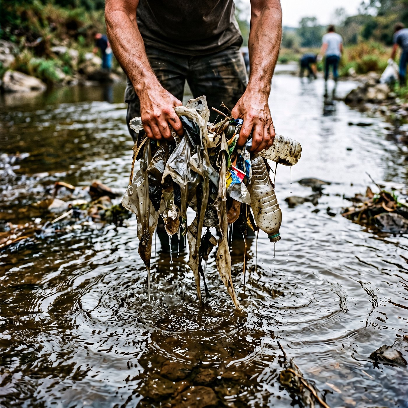 Hands lifting plastic litter out of the water