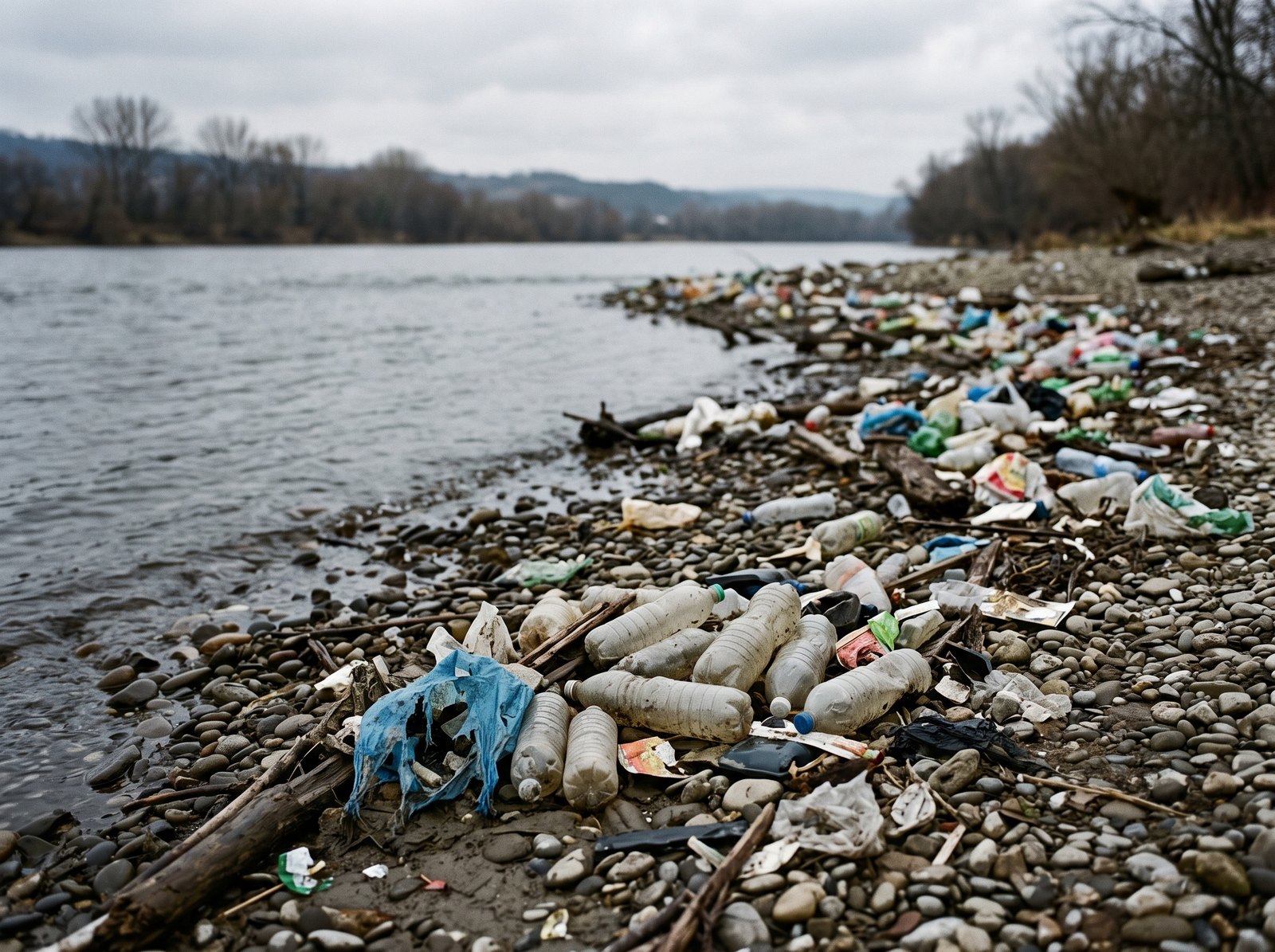 A river shoreline covered in plastic bottles and debris